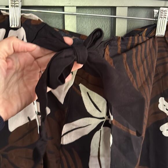 Leaf print wrap pants with fringe one size brown beige black  bathing suit cove - Picture 2 of 5